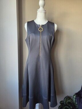 DKNY Gray Sleeveless Fit & Flare Dress Gold Ring Zip Front Size 8